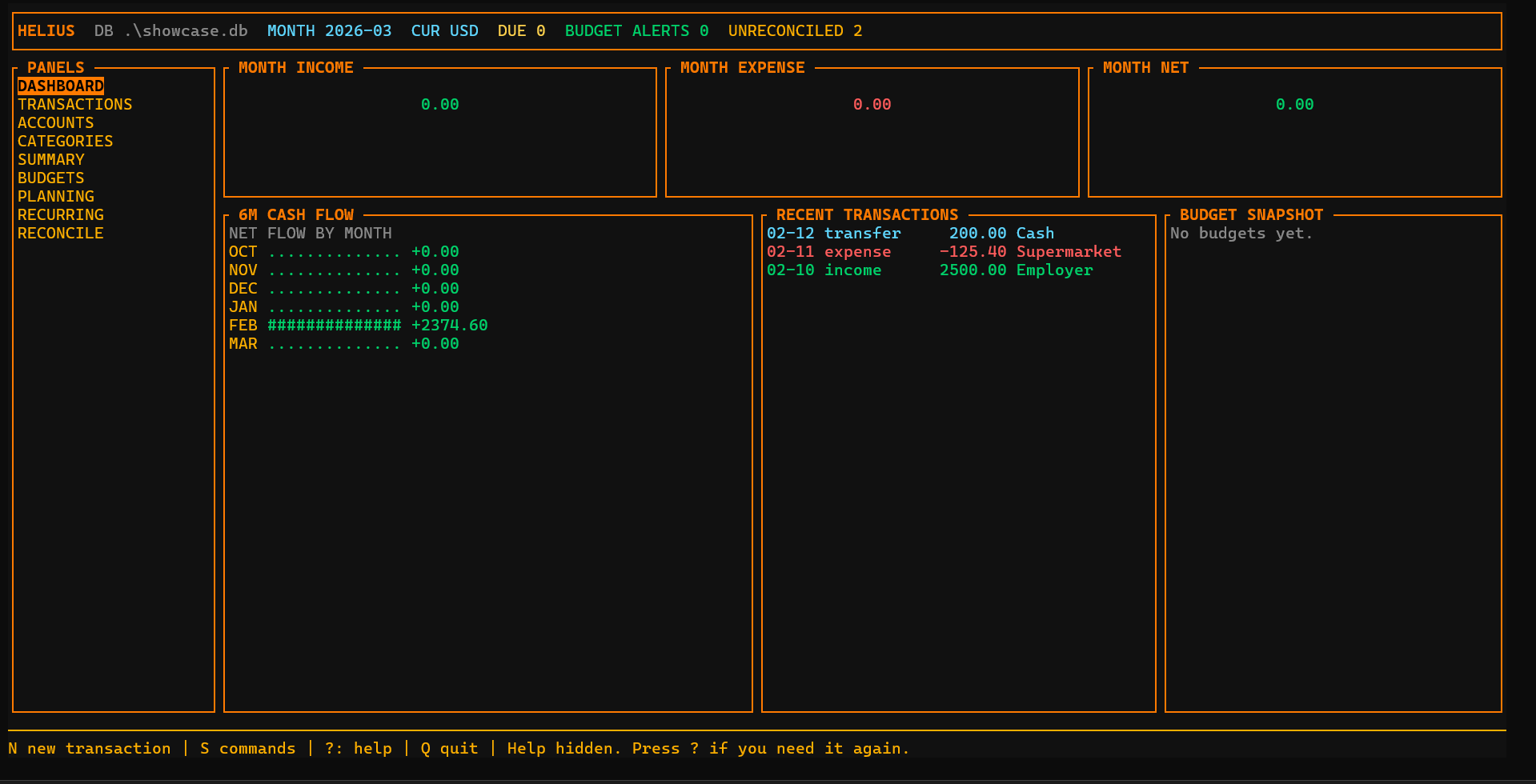 Helius dashboard view showing monthly income, expense, net, cash flow, recent transactions, and a budget snapshot.