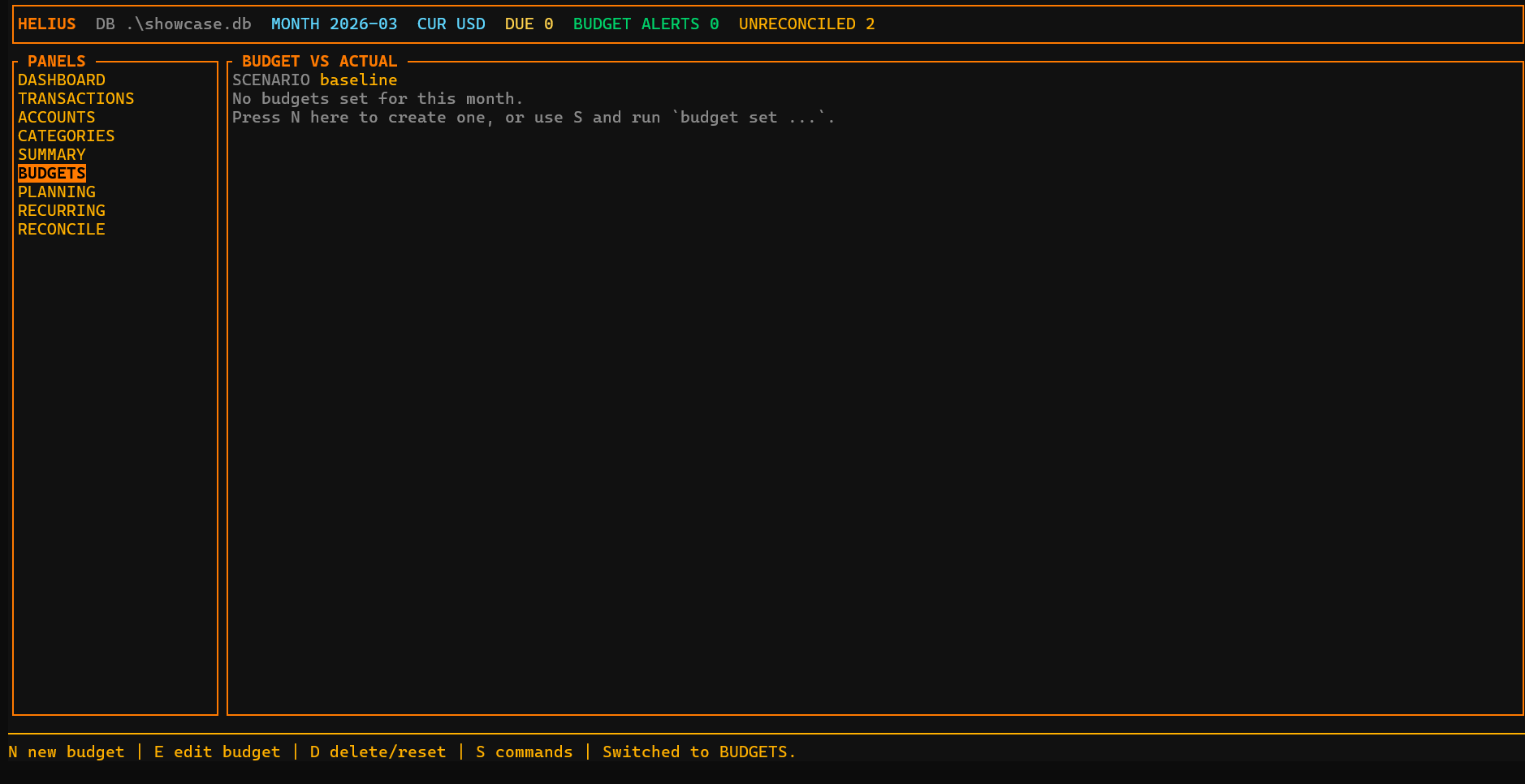 Helius summary view showing current month totals and top spending categories.