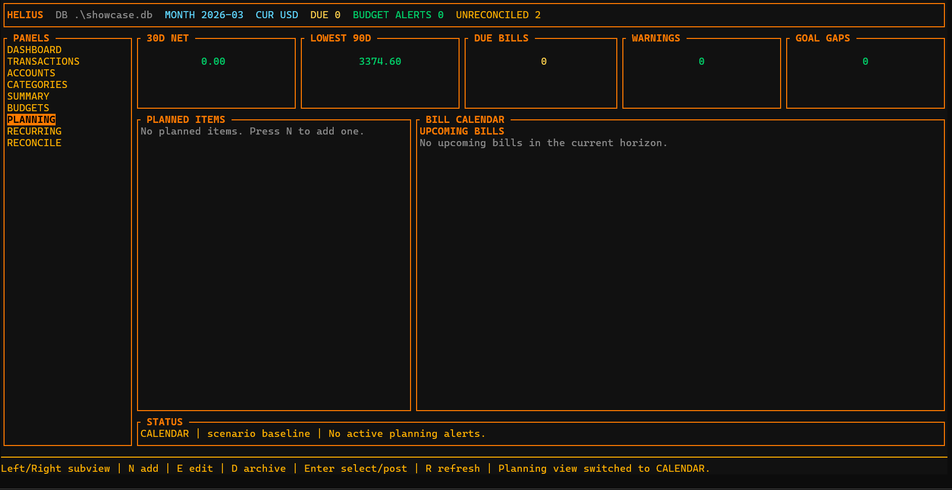 Helius planning forecast view showing 90-day balances, due bills, warnings, and forecast detail.
